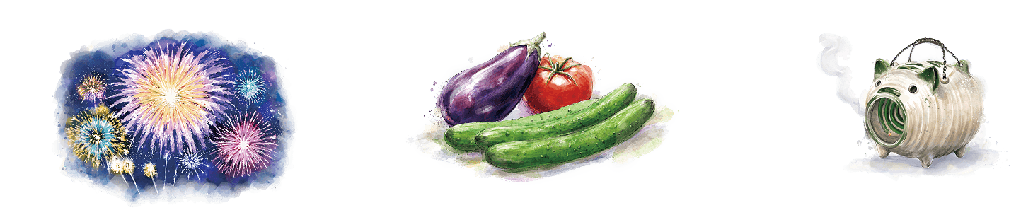 花火大会・夏野菜・蚊取り線香のイラスト