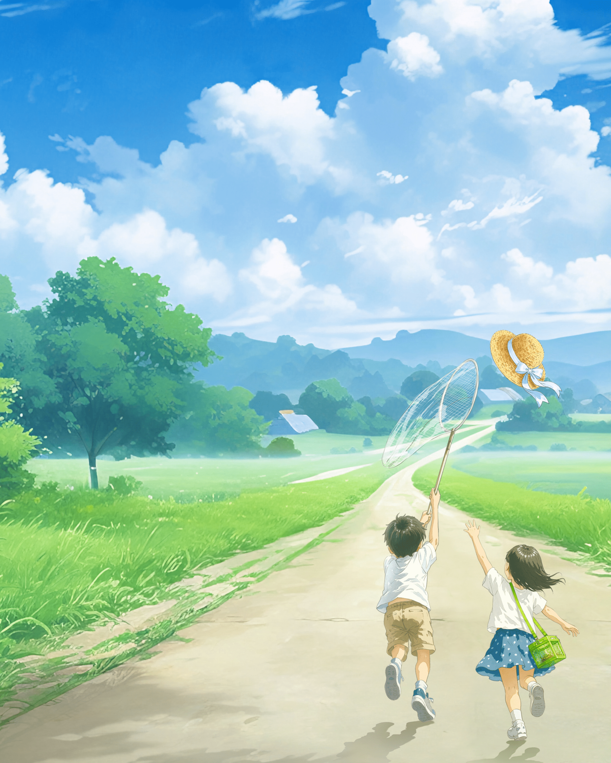 夏の空と子供が走る風景イラスト