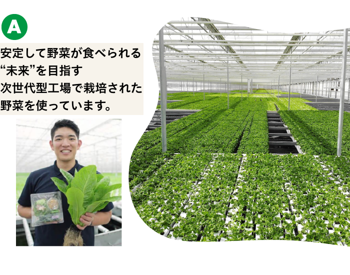 安定して野菜が食べられる“未来”を目指す次世代型工場で栽培された野菜を使っています。